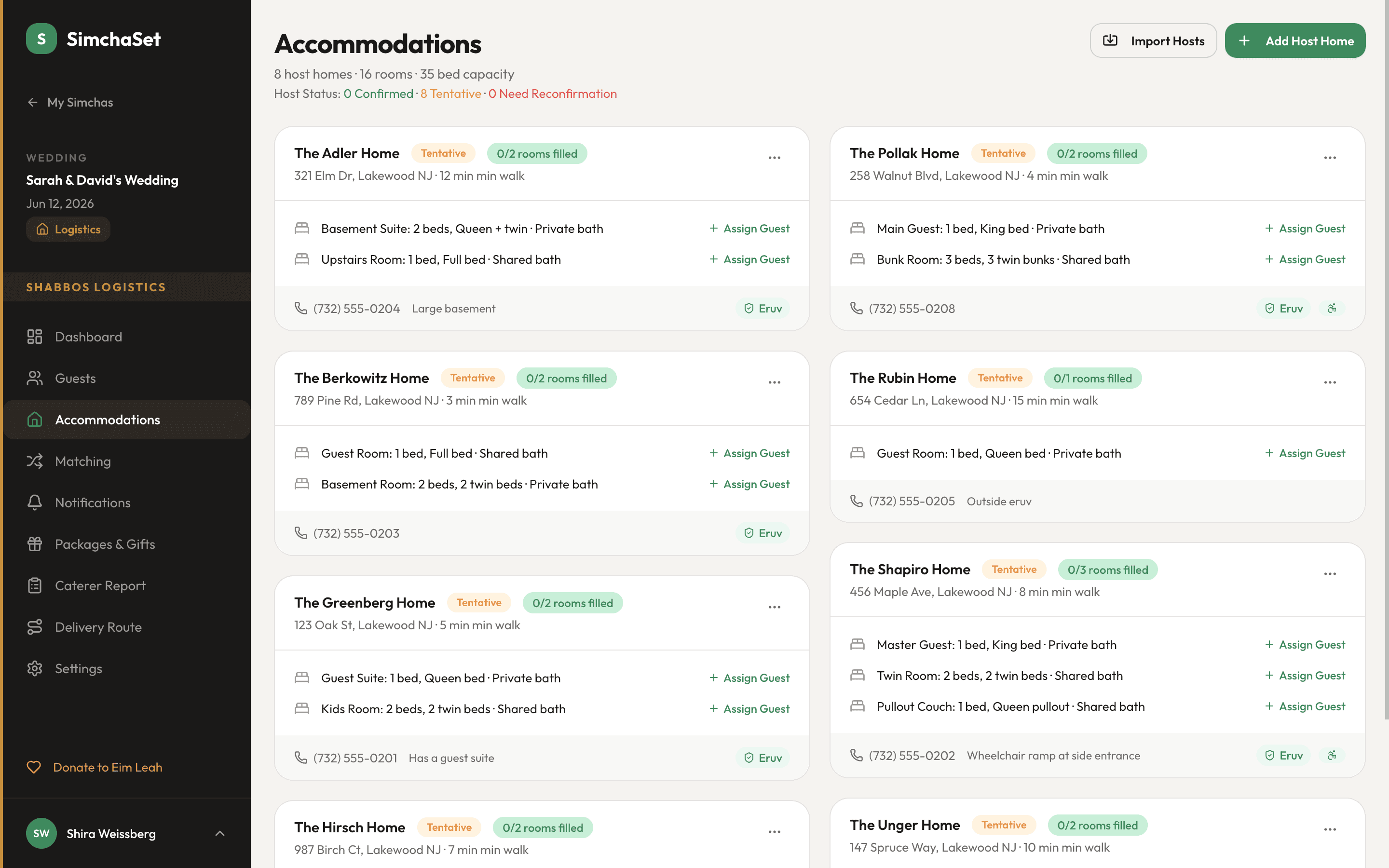 SimchaSet host home directory with room details and capacity