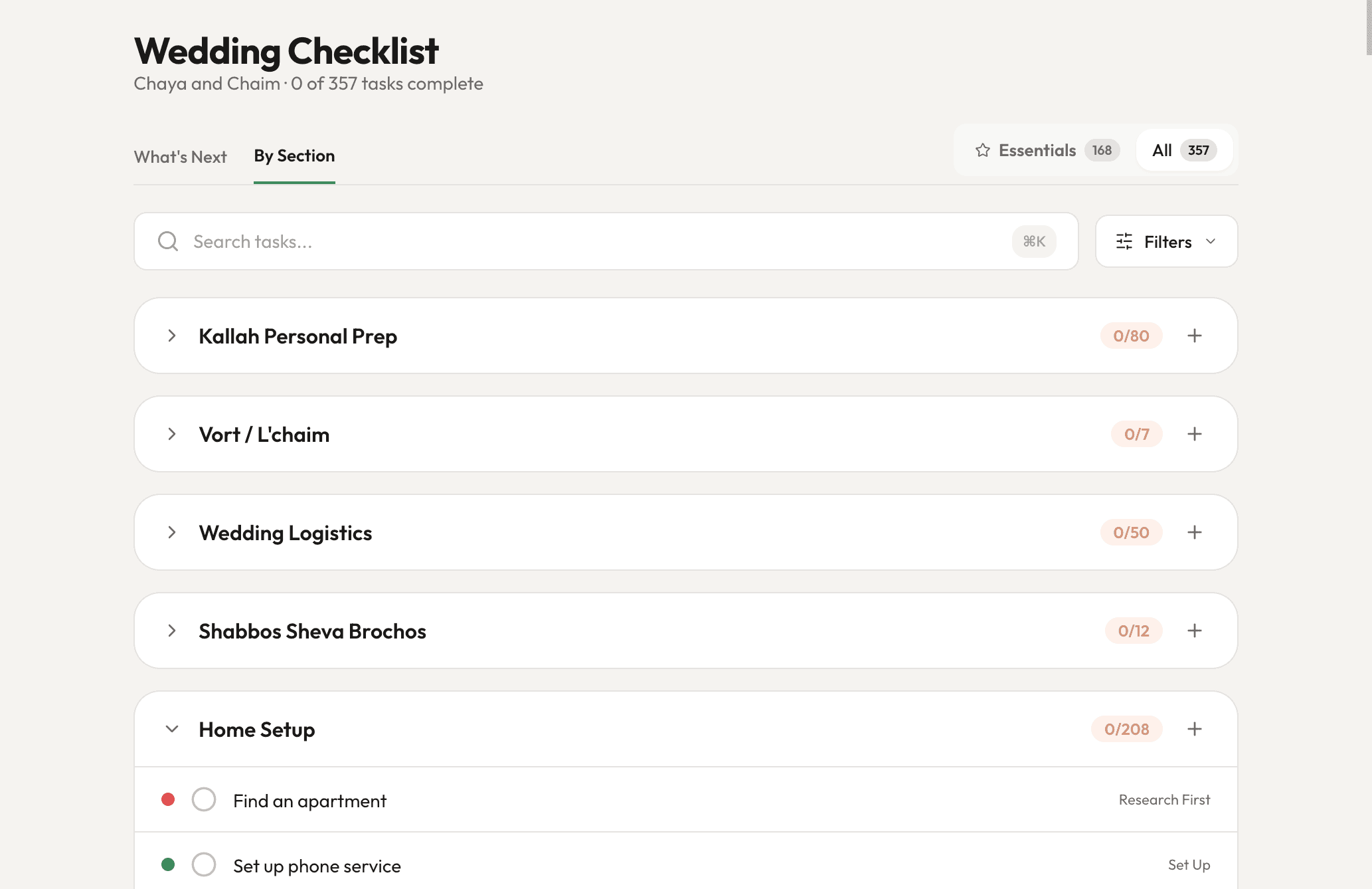 SimchaSet checklist organized by section — Kallah Personal Prep, Vort, Wedding Logistics, Home Setup