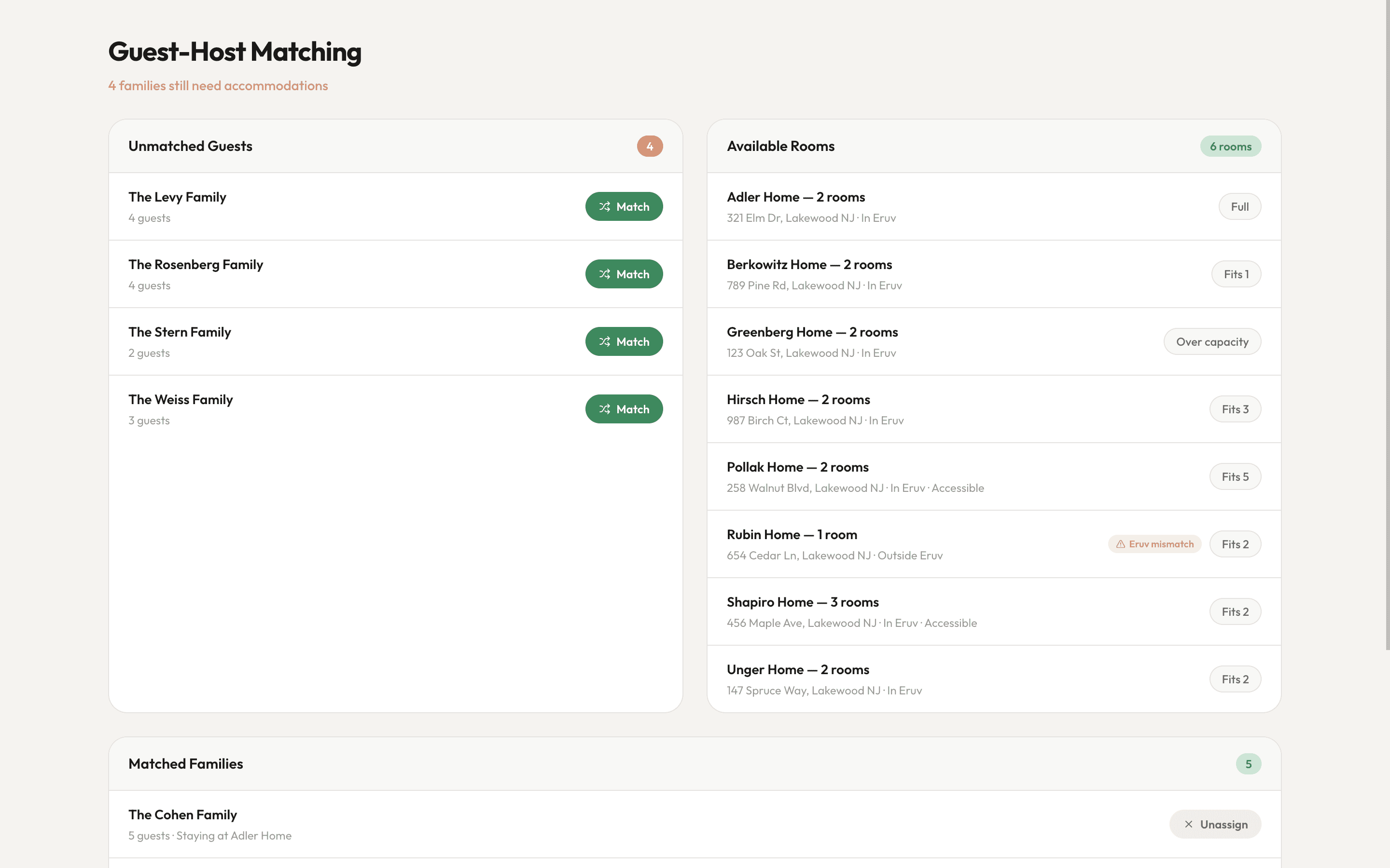SimchaSet guest-to-host matching view with unmatched families and available rooms
