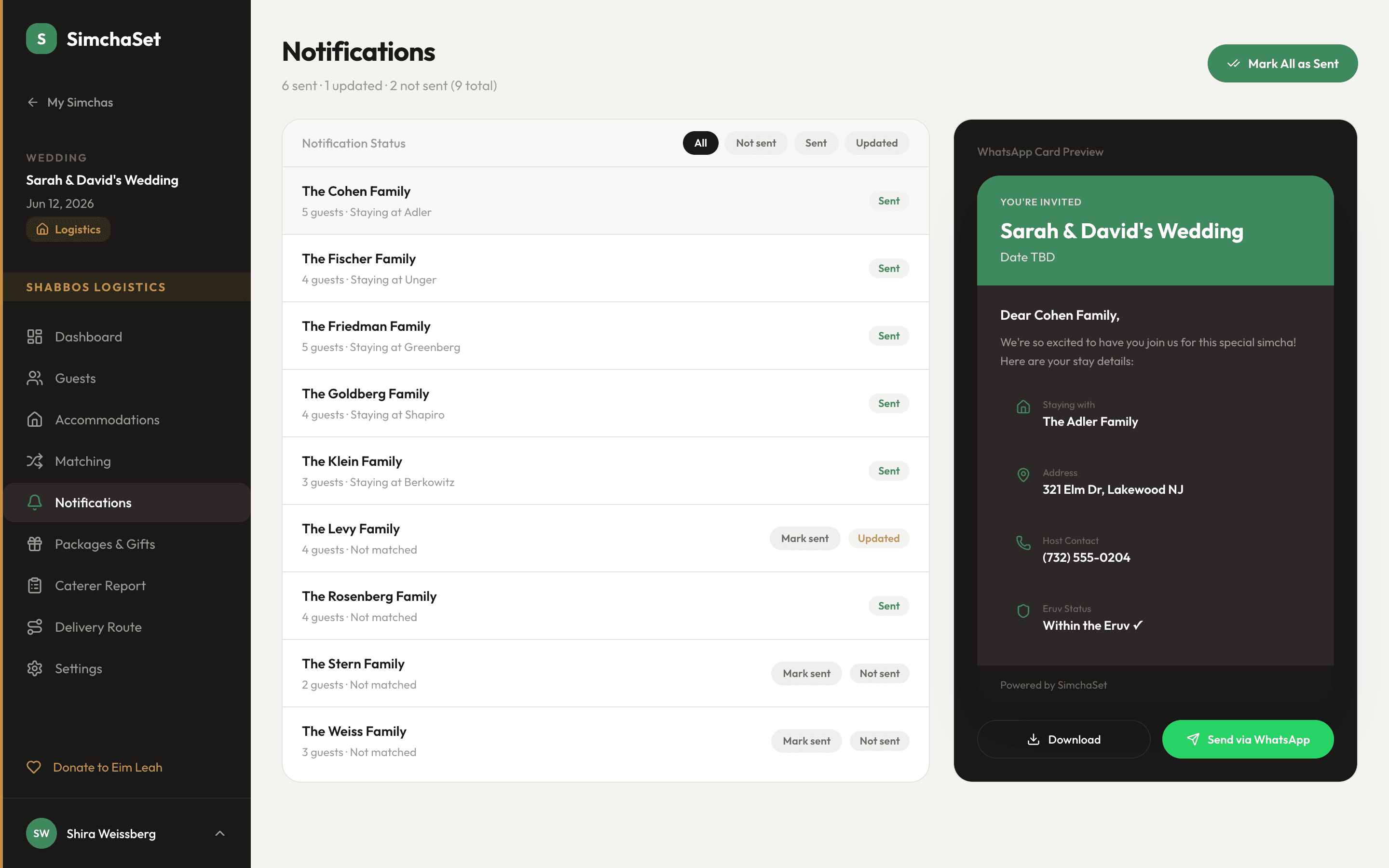 SimchaSet notifications view with WhatsApp card preview for a guest family