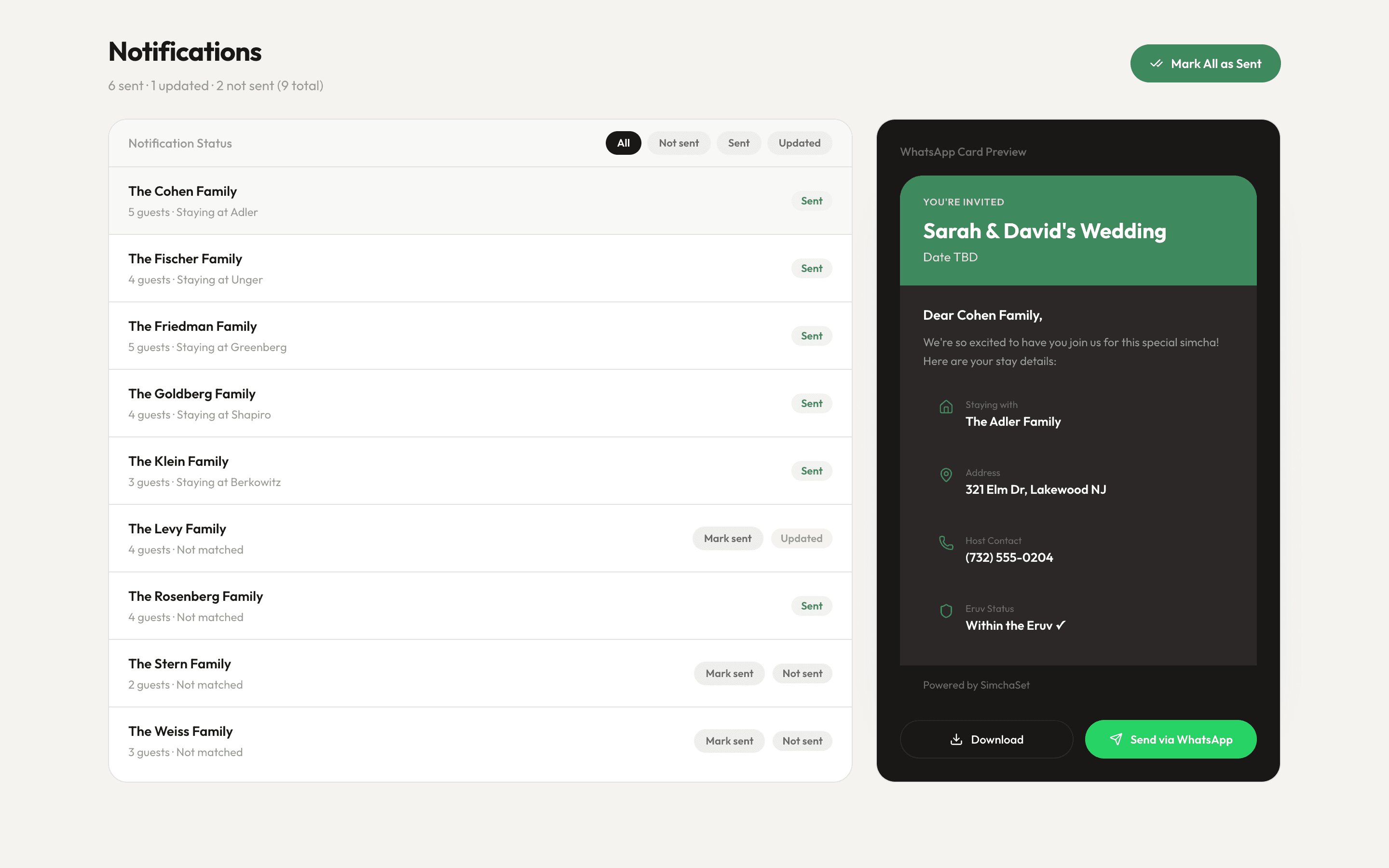 SimchaSet notifications view with WhatsApp card preview showing guest stay details