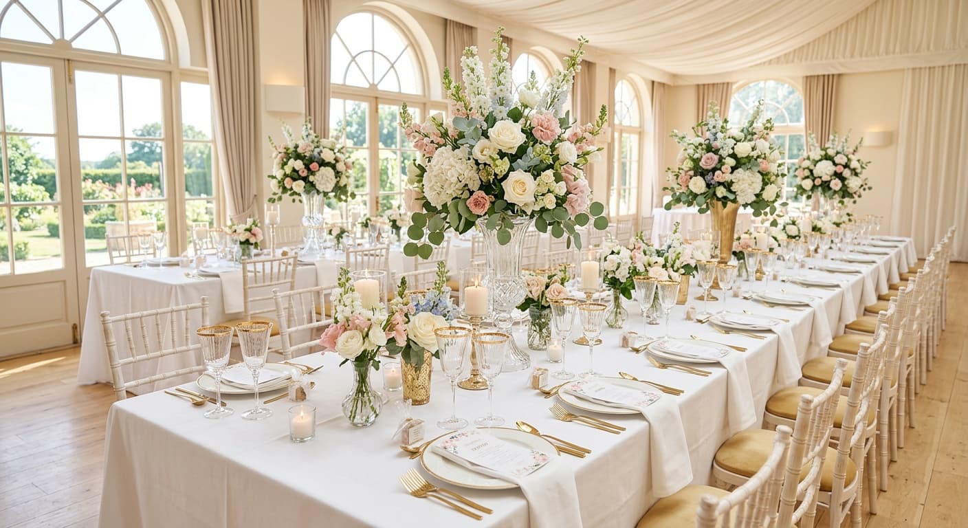 A bright, set Shabbos table with challah, candles, and fresh flowers