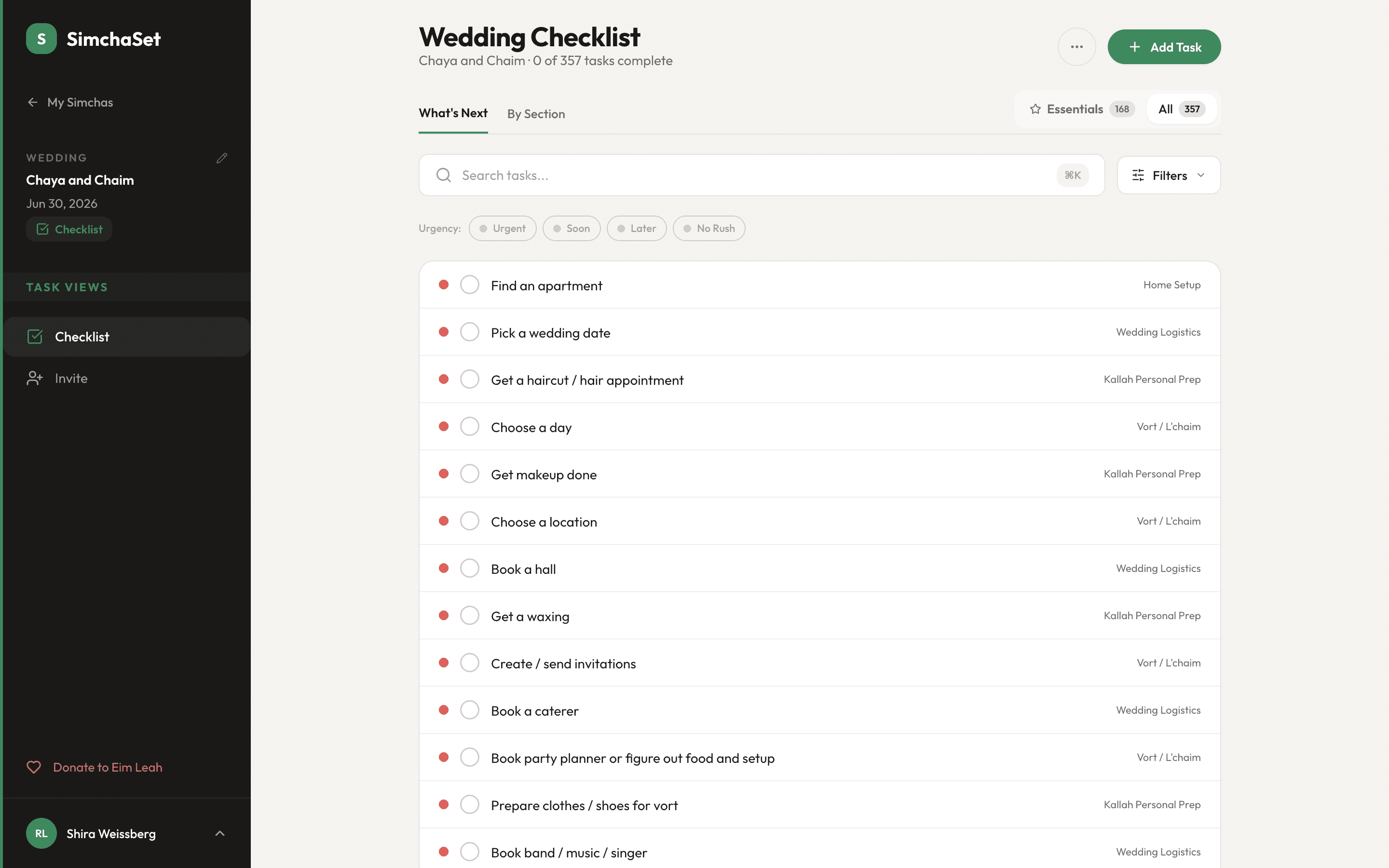 SimchaSet wedding checklist with curated tasks organized by urgency